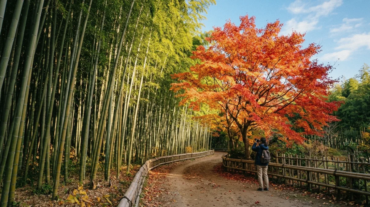 Golden autumn light filtering through the Sagano Bamboo Forest canopy in late November, the best time to visit Arashiyama Bamboo Forest for color and the busiest week of the year
