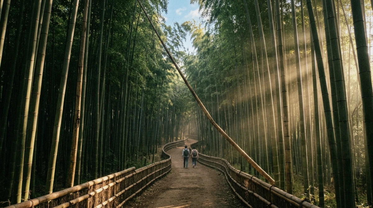 Early morning light through the towering stalks of the Sagano Bamboo Forest with the path empty, the view that answers whether the Sagano Bamboo Forest is worth it